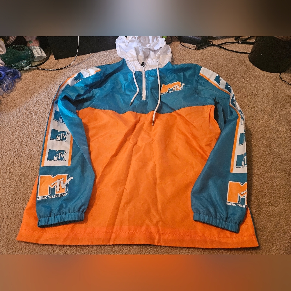 MTV Windbreaker Large Adult Unisex White Blue Orange Sleeve Logo 1/4 Zip Jacket.